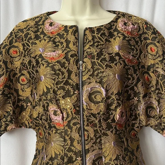 SUNO Chic Embroidered Brown/Gold Floral Short Puff Sleeve Shirt Top **Size 8**🌸🌸 - Picture 3 of 6